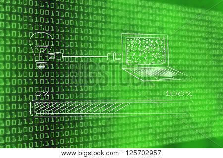 Lightbulb Connected By Plug To A Laptop Processing Messy Binary Code