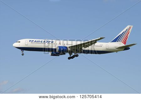 ST. PETERSBURG, RUSSIA - JULY 24, 2015: Boeing 767-319 (EI-UNC) of the company 