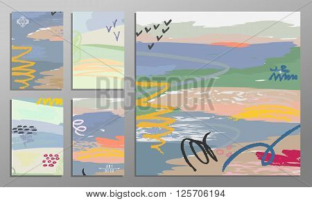 Vector illustration set of artistic colorful universal cards. Brush textures. Wedding anniversary birthday holiday party. Design for poster card invitation. Painting in the impressionism style.