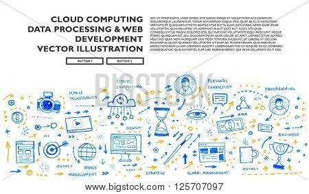 Hand Drawn Style Business Design. Pencil Sketch. Set of application development, web site coding, information and mobile technologies vector icons and elements.