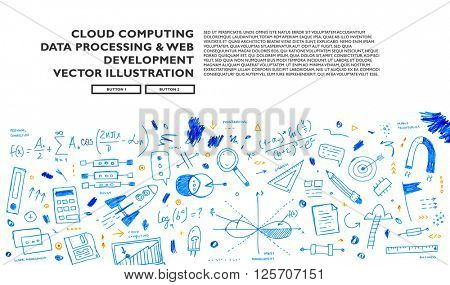 Hand Drawn Style Business Design. Pencil Sketch. Set of application development, web site coding, information and mobile technologies vector icons and elements.