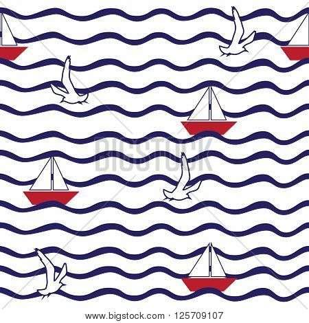 Seamless pattern with wave sailing boat flying gulls.