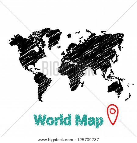 Vector map of the world drawing in black marker on a white background. Sketch World Map for infographics, brochures and presentations.