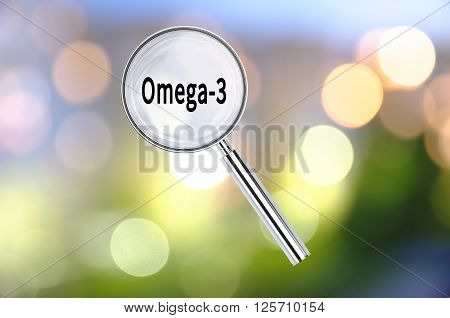 Magnifying lens over background with text Omega-3, with the blurred lights visible in the background.