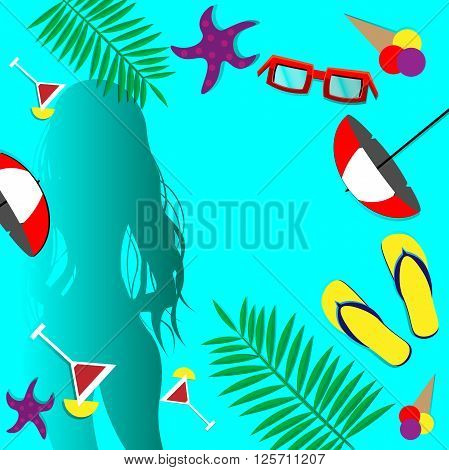 Sexy girl in swimsuit with frame summer set copy space