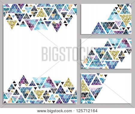 Set of vector trendy cards. Cards with triangles.  Design set. Business cards collection. Vector illustrations. Galaxy modern ornament.