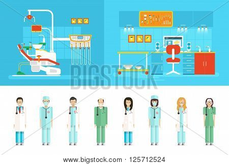 Stock vector illustration set of dental office with dental chair, office of dentist, dental equipment, medical staff in flat style element for infographic, website, icon, games, motion design, video