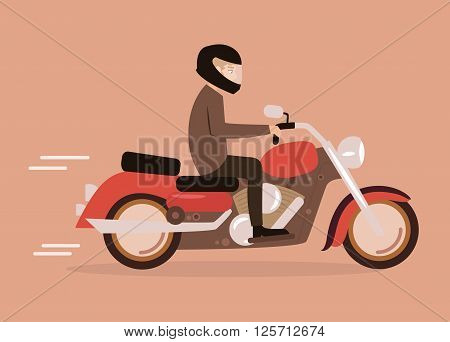 Man on a motorcycle. Vector isolated illustration. Cartoon character.