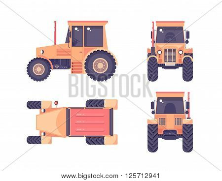 Set stock vector illustration isolated tractor top, front, side, back view flat style white background Element for site, video, animation, website, e-mail, newsletter, report, comic, icon