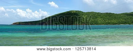 Panoramic view of the gorgeous white sand filled Flamenco beach on the Puerto Rican island of Culebra.