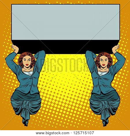 Businesswoman holding the caryatids balcony or a billboard pop art retro style. Ancient Greek myth. Vector illustration of strong women
