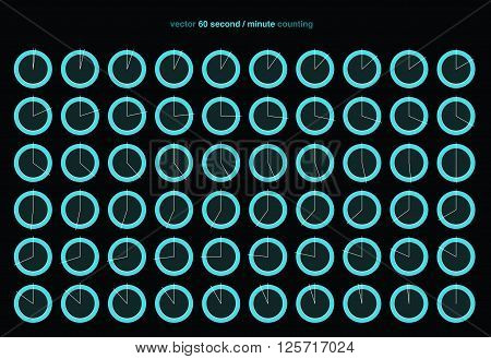 Collection of vector icons with watch counts on black background. Timespan is 1 second or minute.