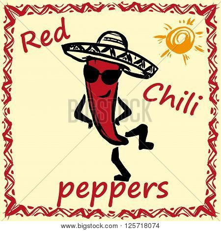 Hand drawn red chili pepper with sombrero.vector illustration
