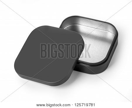 Empty open black metal box close-up on white background with clipping path
