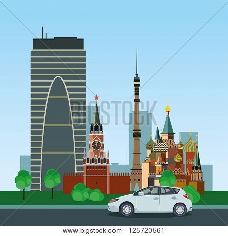 Modern and historical buildings in Moscow with car. Vector illustration.