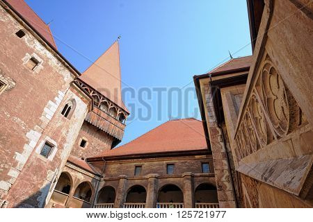 HUNEDOARA, ROMANIA - AUGUST 13, 2015: medieval Corvin Castle in Hunedoara is built in Renaissance-Gothic style and it is one of the largest castles in Europe  