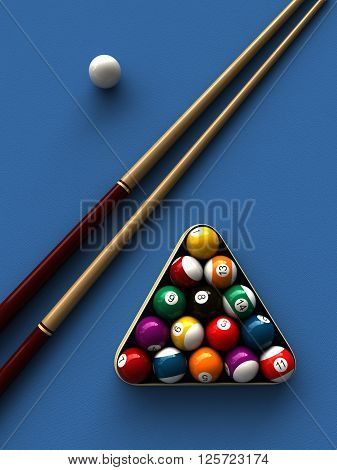 3d rendering of billiard balls and stick over billiard table