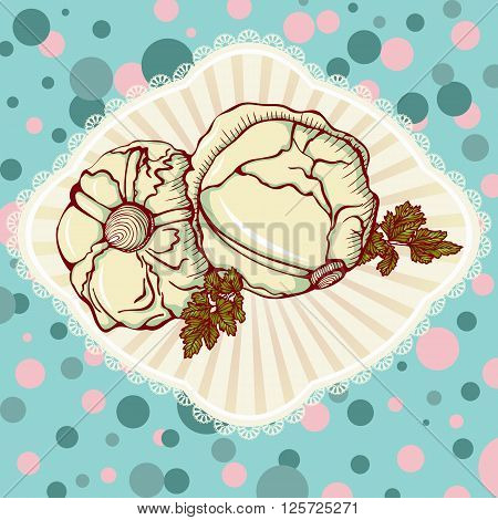 Fresh cabbage vegetables. Vector illustration in retro style. Design for cookbook or Vegetarian menu