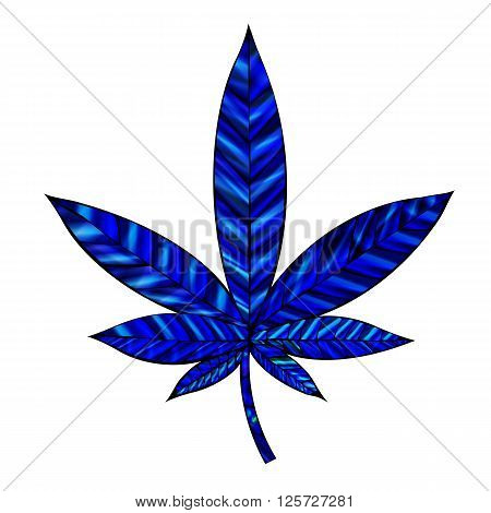 Stunning blue cannabis leaf in stained-glass style isolated on white.