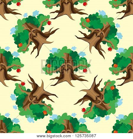 Cute seamless childish patchwork pattern. Adventure of apple tree. Can be used for kitchen textile or bed linen fabric interior wallpaper design. Fairy illustration.