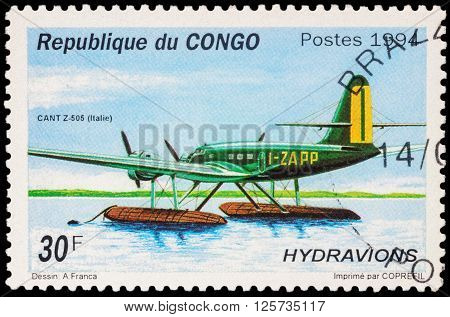 MOSCOW RUSSIA - APRIL 12 2016: A stamp printed in Congo shows Italian hydroplane CANT Z.505 series 