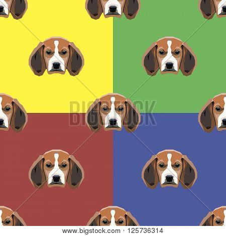 Sad dog red, yellow, blue and green vector background. Seamless pattern. 4 in 1.