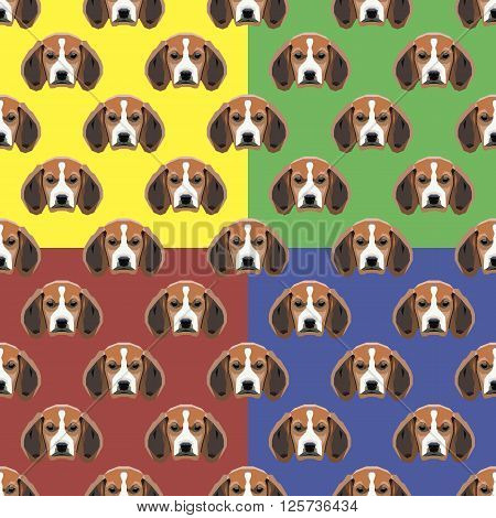 Sad dog red, yellow, blue and green vector background. Seamless pattern. 4 in 1.