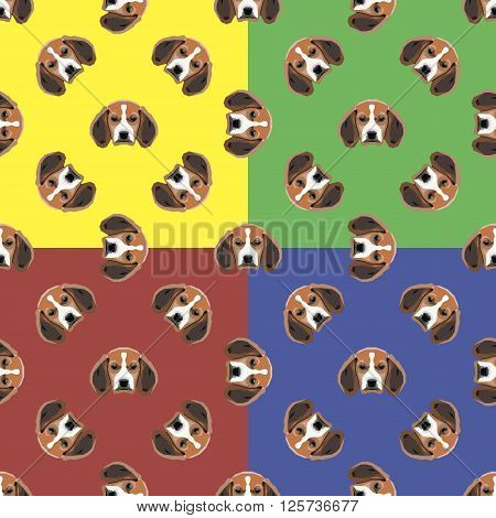 Sad dog red, yellow, blue and green vector background. Seamless pattern. 4 in 1.