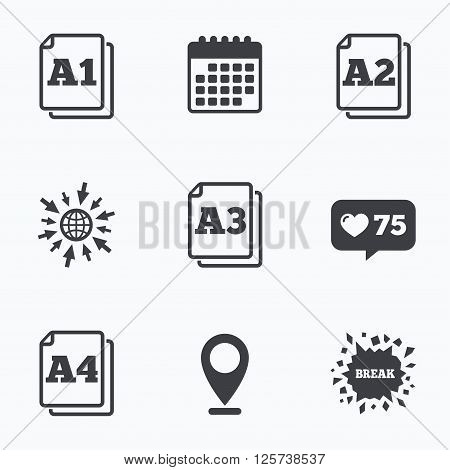Calendar, like counter and go to web icons. Paper size standard icons. Document symbols. A1, A2, A3 and A4 page signs. Location pointer.