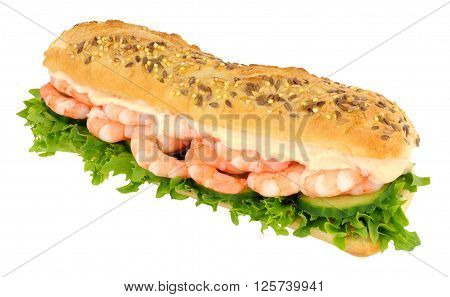Sub roll sandwich filled with prawns and salad isolated on a white background