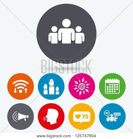 Wifi, like counter and calendar icons. Strike group of people icon. Megaphone loudspeaker sign. Election or voting symbol. Hands raised up. Human talk, go to web.