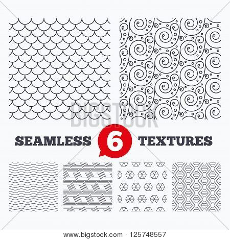 Waves and geometry design. Floral ornament, roof tiles and hex seamless textures. Linear geometric patterns. Modern textures. Material patterns.