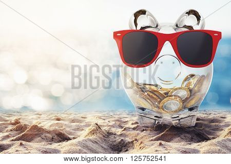 Piggybank with red sunglasses on the beach. 3D rendering
