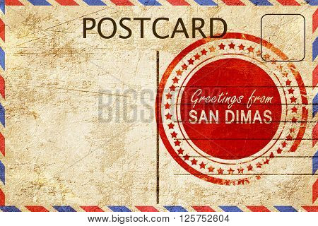 greetings from san dimas, stamped on a postcard