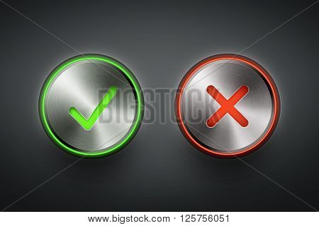 ok and cancel metal round buttons on black background eps10 vector illustration
