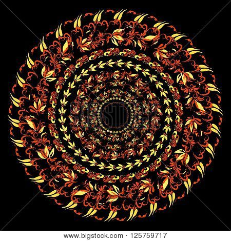 hohloma traditional round red yellow pattern on a black background. vector illustration