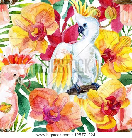watercolor Australian Cockatoo on flowers background hand painted seamless patern with parrots plumeria and tropical leaves