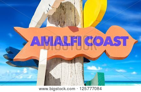 Amalfi Coast signpost with beach background