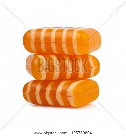 Stack of new striped soap on a white background.