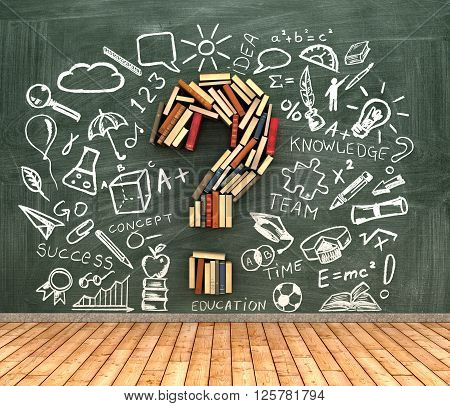 classroom blackboard and book iin shape question marks l with chalk drawing icons 3d illustration