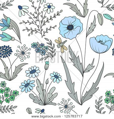 Beautiful vintage seamless pattern with colorful wild spring flowers on a white background. Wild spring poppy daisy dandelion forget-me. Vector illustration. Blue gray green background.