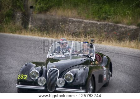 PESARO, ITALY - MAY 15: JAGUAR XK 120 OTS Roadster 1952 on an old racing car in rally Mille Miglia 2015 the famous italian historical race (1927-1957) on May 15 2015