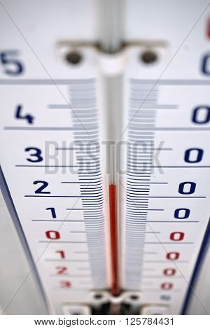 Aged outdoor thermometer in the retro design measuring mild temperature of twenty degrees of Celsius