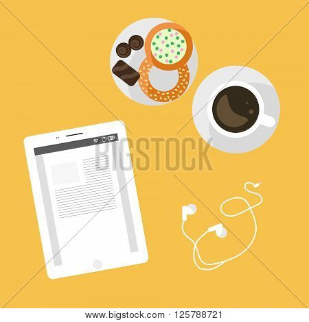 Morning breakfast day planning. Tablet pc on table and cup of coffee with sweets. Snack time. Top view and flat design illustration.