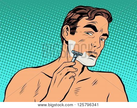Man shaving foam pop art retro style. Personal hygiene. A man shaves in the morning stubble on his face