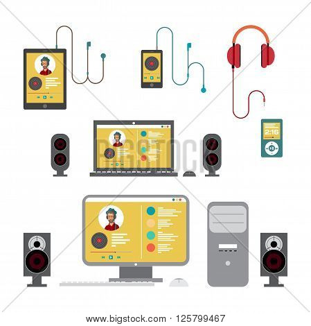 Home sound system. Home stereo on home computer flat vector illustration for music lovers. Loudspeakers, player, computer, laptop, smartphone, tablet, headphones for listening to music
