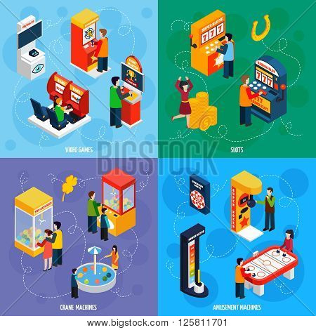 Claw crane and video games amusement slot machines 4 isometric icons square banner abstract isolated vector illustration