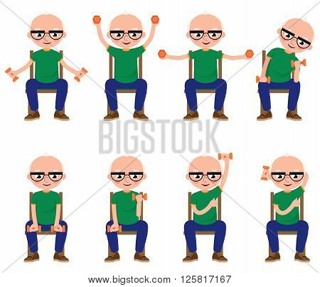 Senior man doing exercises with dumbbells sitting on a chair Stock vector illustration