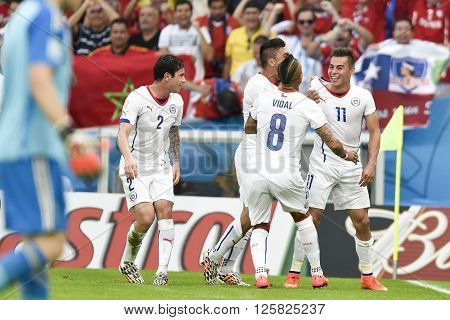 RIO DE JANEIRO BRAZIL - June 18 2014: Eduardo VARGAS of Chile during the FIFA 2014 World Cup. Spain is facing Chile in the Group B at Maracana Stadium