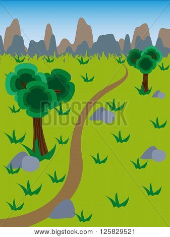 Beautiful landscape. Steppe. Mountains. Stones. Grass. 
Road.